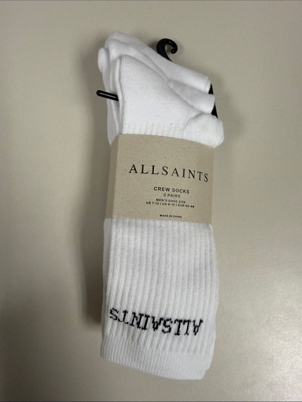 ALL SAINTS Men’s 3 Pack White Black Logo Cotton Blend Crew Socks